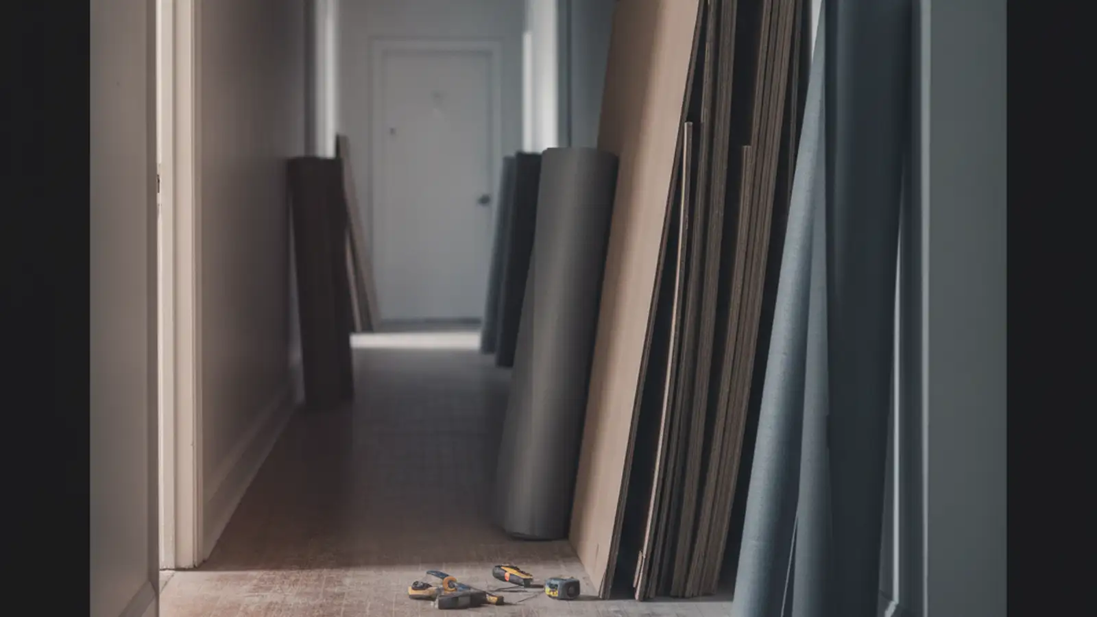 Rolls of floor protection and stacked corrugated board set out in the corridor of a Bronx apartment building before work begins.