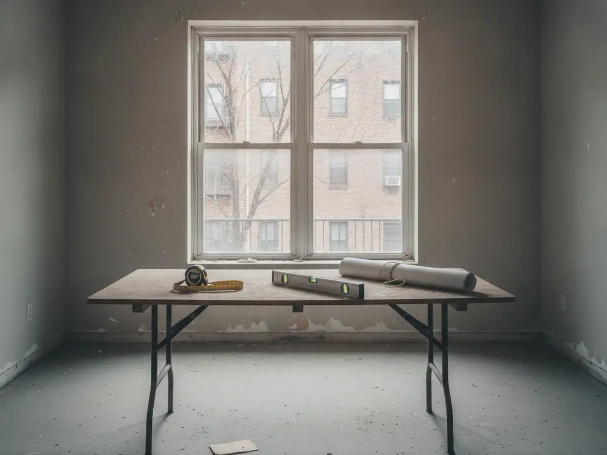 A folding worktable in an empty Bronx apartment with a tape measure, a level and a roll of drawings, a tall window onto a courtyard behind.
