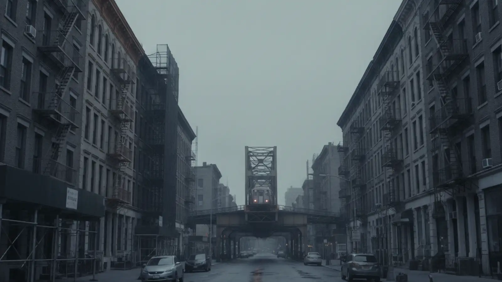 A Bronx avenue of six-storey pre-war apartment buildings with fire escapes and cornices, an elevated train structure in the distance.