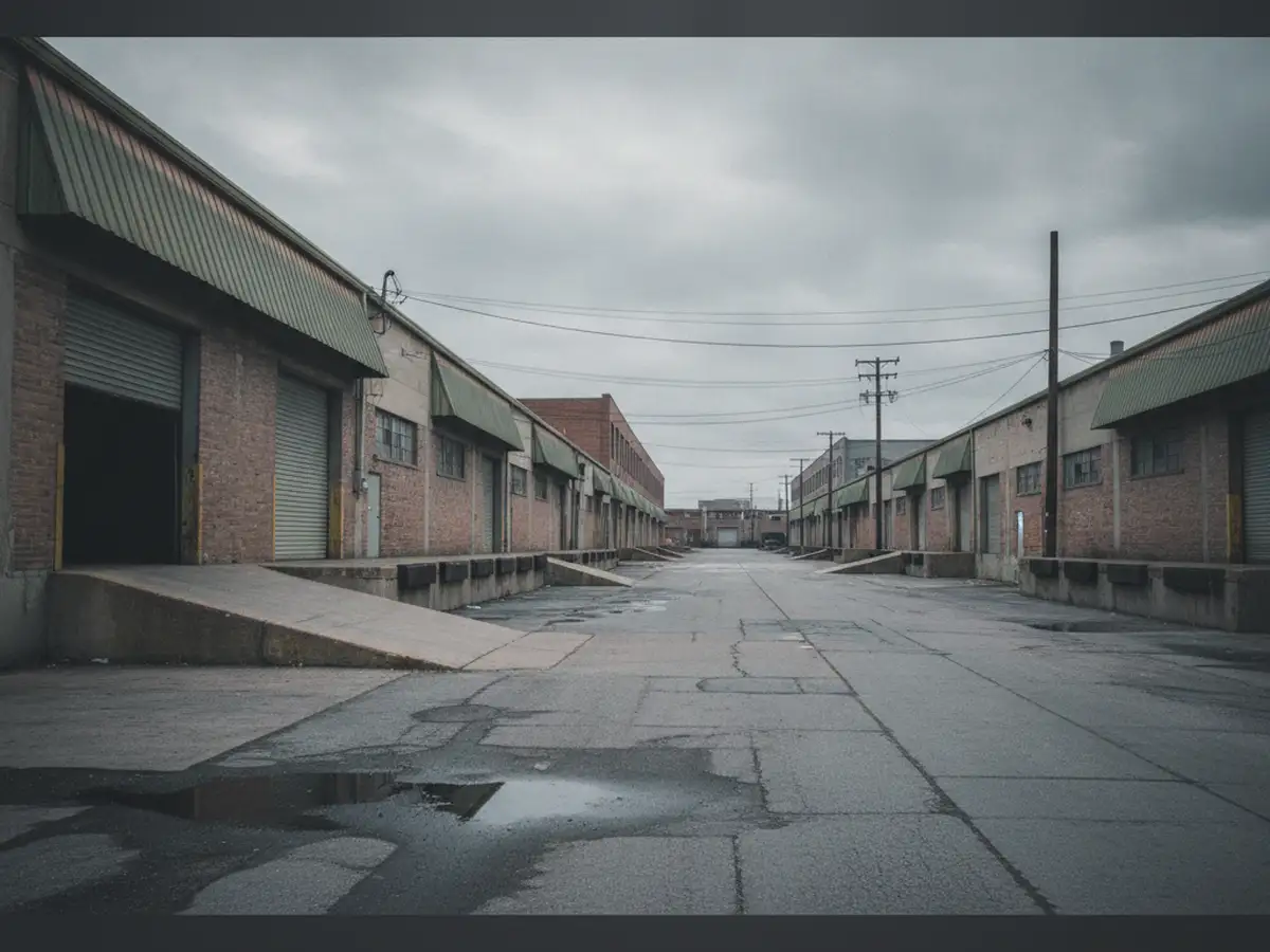 A wide South Bronx street of low industrial and warehouse buildings with loading bays and roll-up doors.