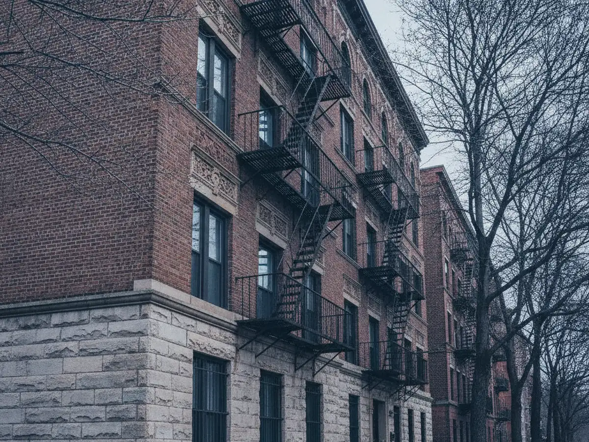 A corner pre-war Bronx apartment building with a limestone base, decorative brick and a long row of fire escapes.