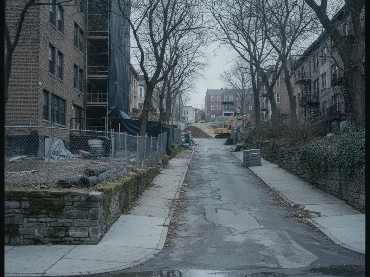 A hilly Bronx street of freestanding houses and small apartment buildings among mature trees, stone retaining walls along the sidewalk.