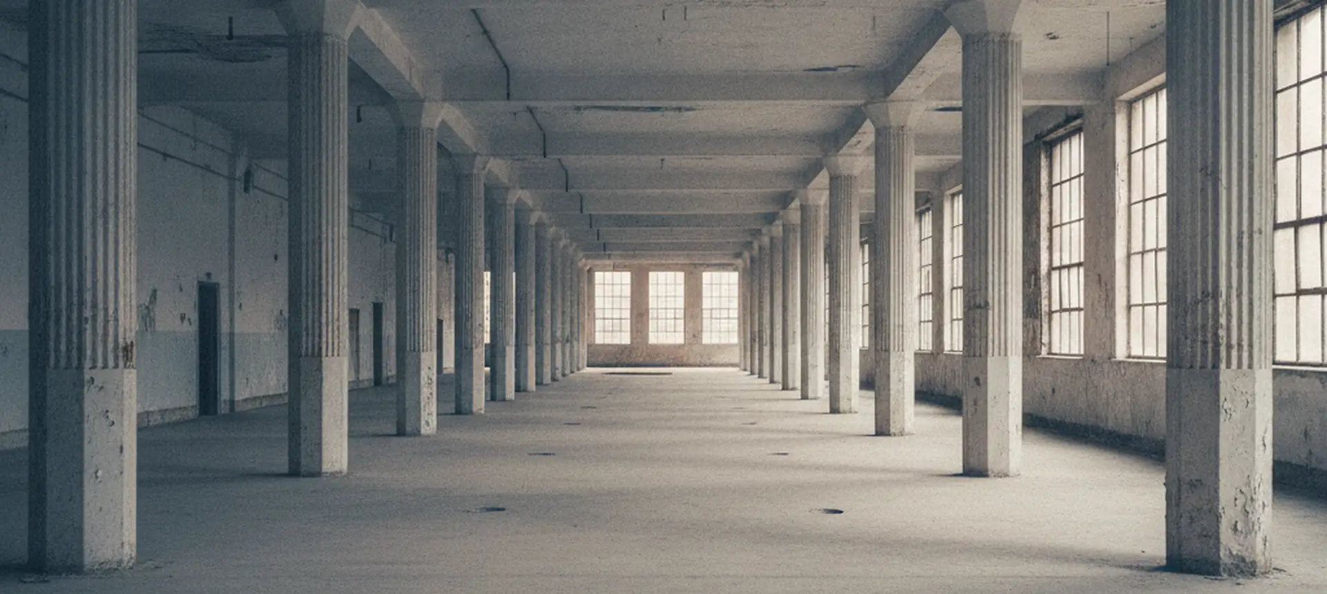 A long empty stripped commercial floor in an older Bronx building, columns receding toward windows at the far end.