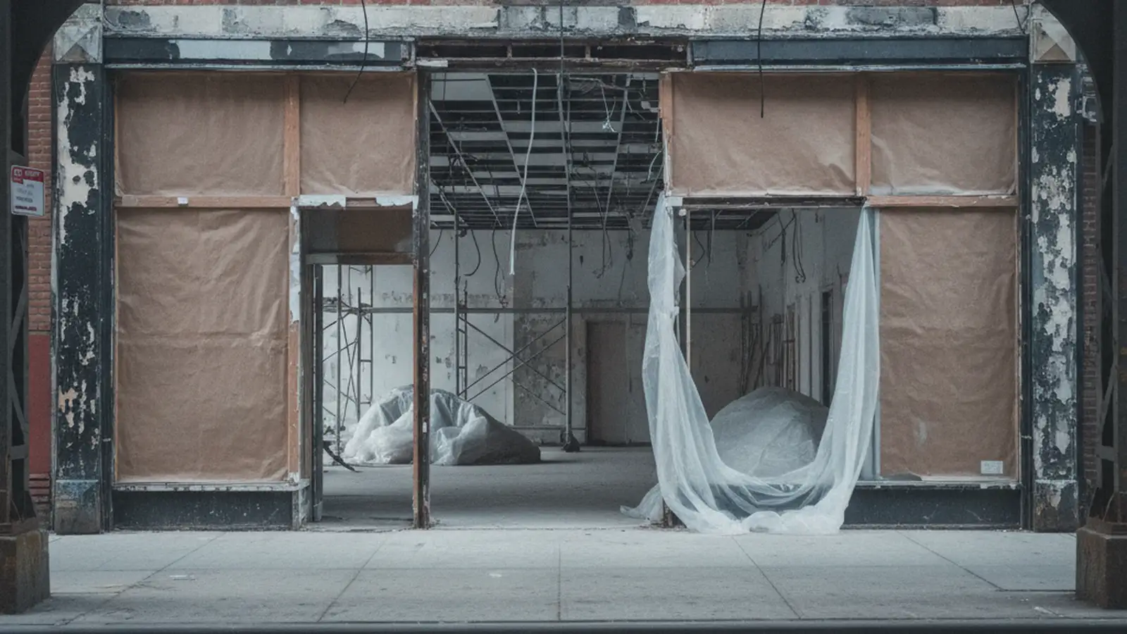 A storefront under an elevated train line mid strip-out, its shopfront papered over and the ceiling grid coming down.