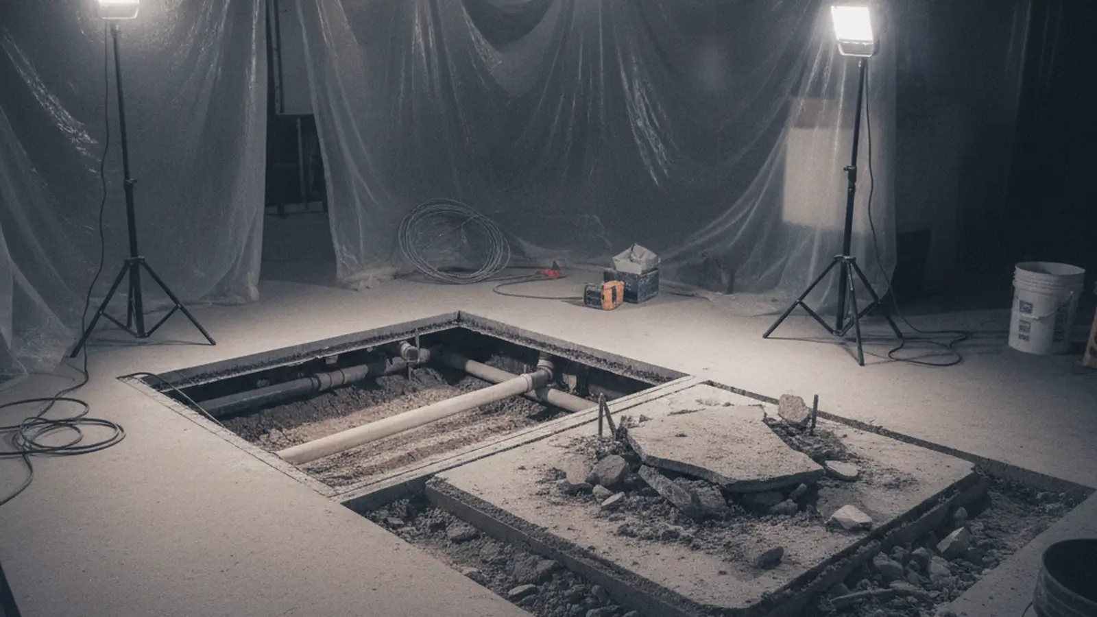 A Bronx basement with a section of the concrete floor slab cut and lifted out and an old boiler pad broken up beside it, under work lights.