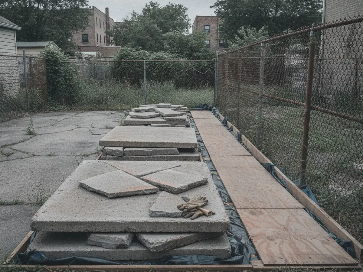 A paved Bronx back yard with an old concrete slab broken into liftable pieces stacked on a protected path beside a chain-link fence.
