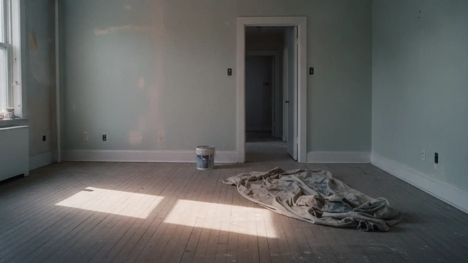 A quiet stripped Bronx apartment with daylight across a bare floor and a doorway opening onto a hallway.