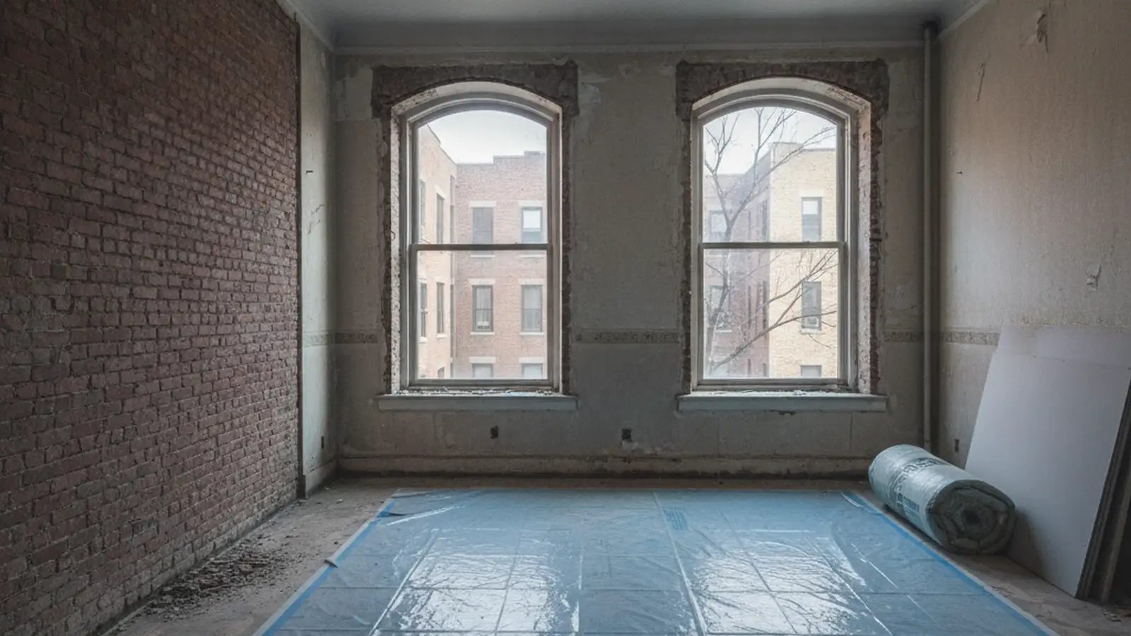 A prewar Bronx apartment mid strip-out, plaster off one wall to brick and lath, tall windows onto a courtyard, sheeting over a parquet floor.