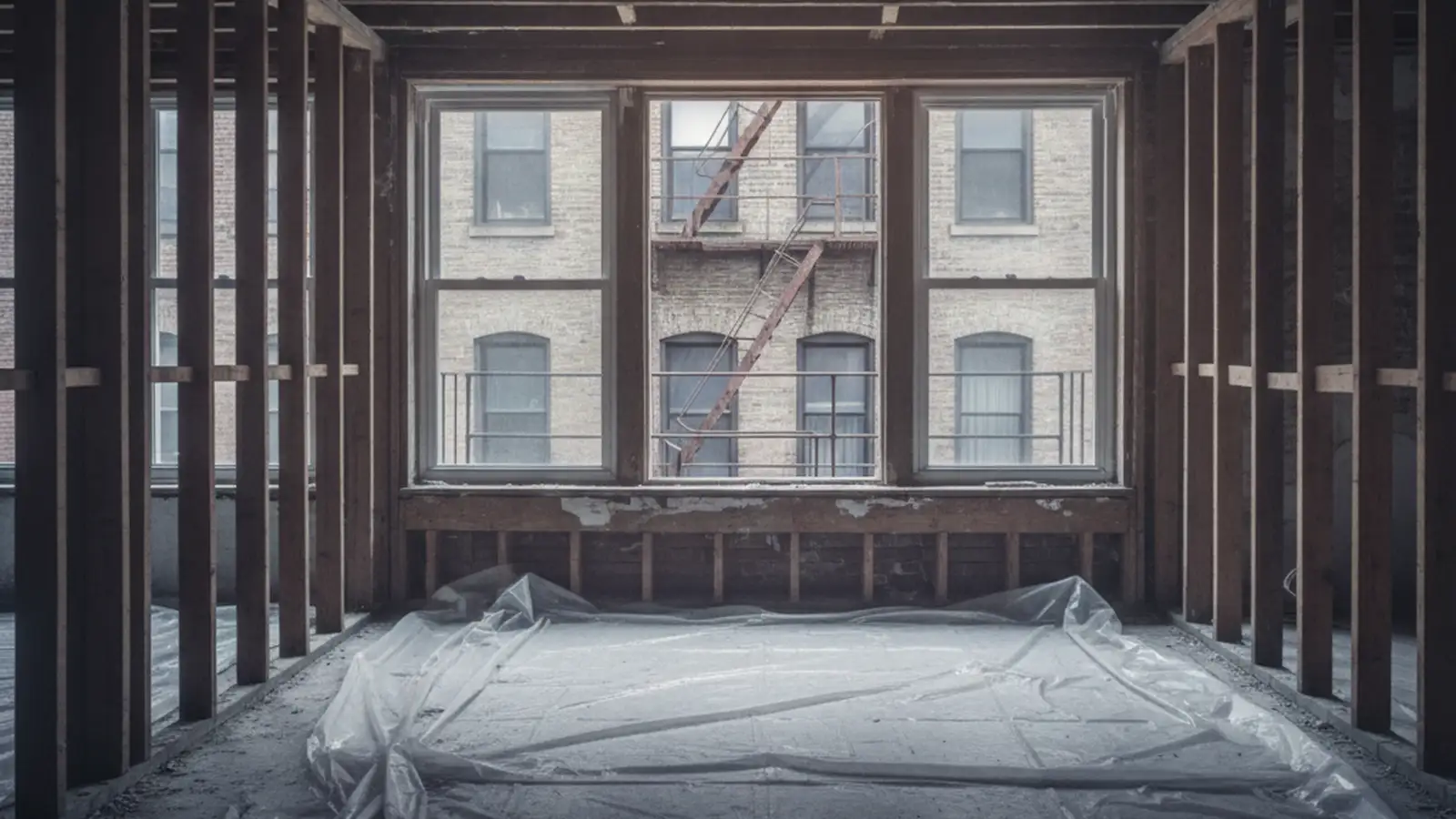 A Bronx apartment taken back to the studs and joists, protective sheeting on the floor, a window onto a fire escape and the building opposite.