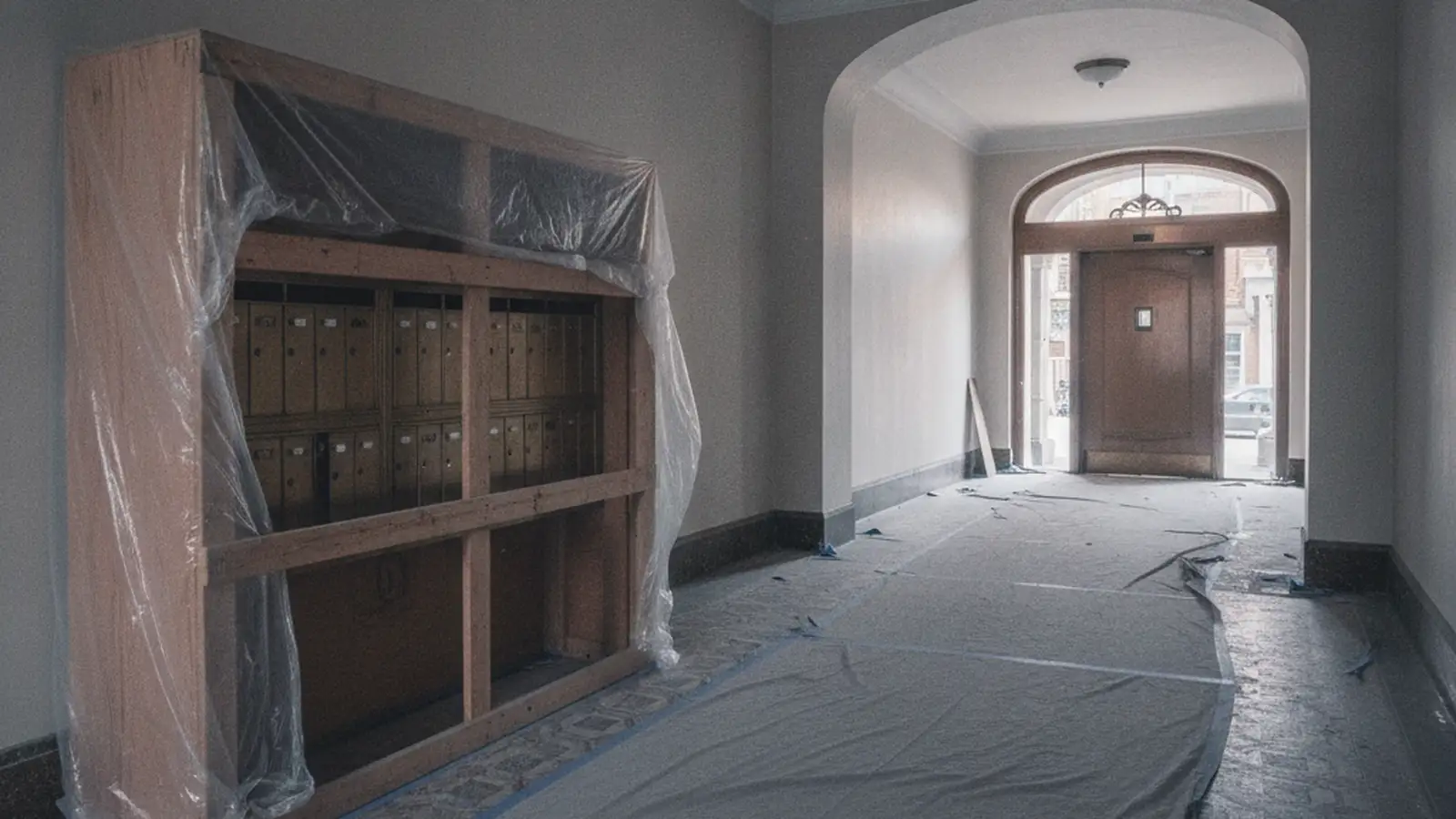 The entrance hall of a pre-war Bronx apartment building with the mailboxes boxed in protection, the tile floor covered, and the passenger elevator door at the end.