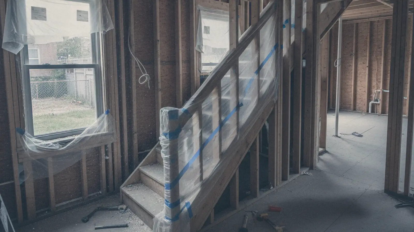The interior of an attached two-family Bronx house stripped to the studs, the narrow stair rail wrapped in protection, a window onto a small yard.