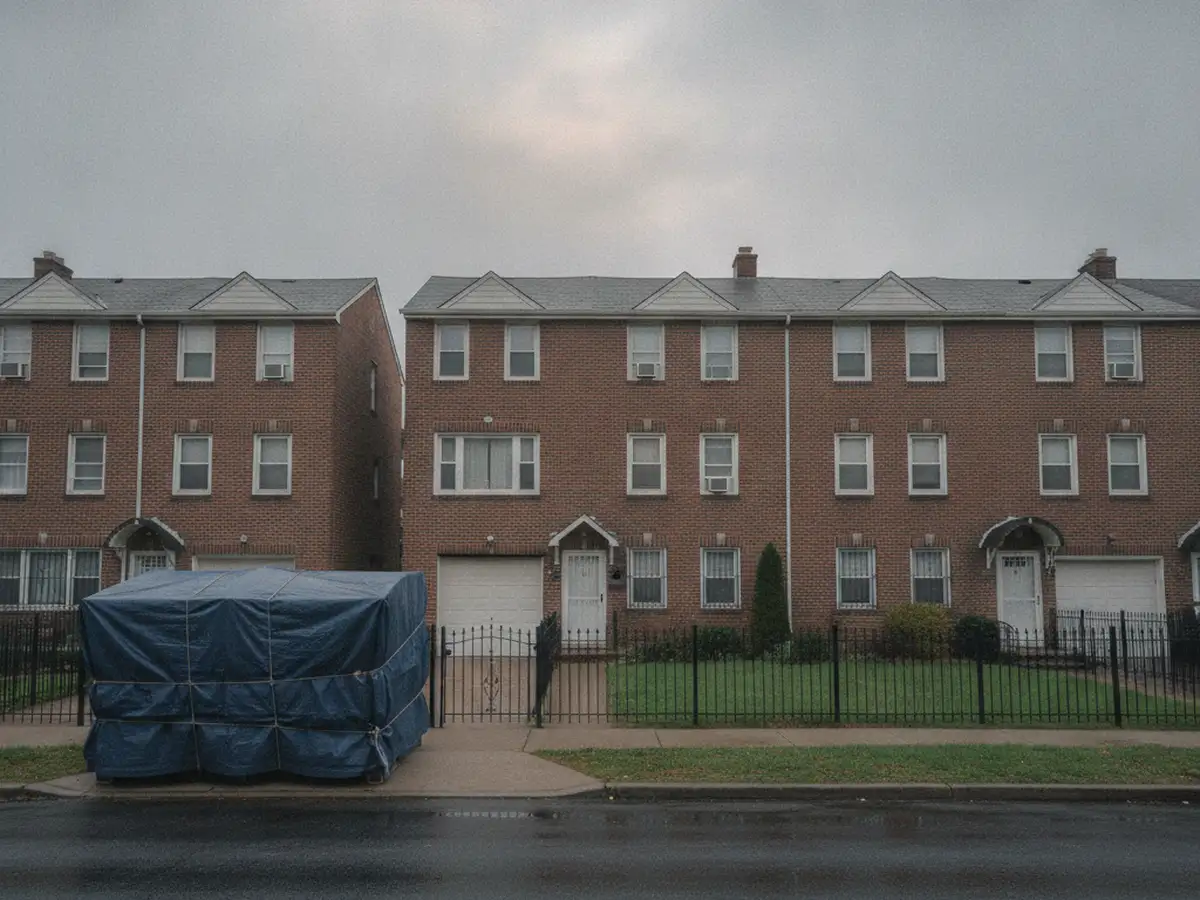 A quiet Bronx street of attached brick two-family houses with short driveways and iron fences, a covered container in one driveway.